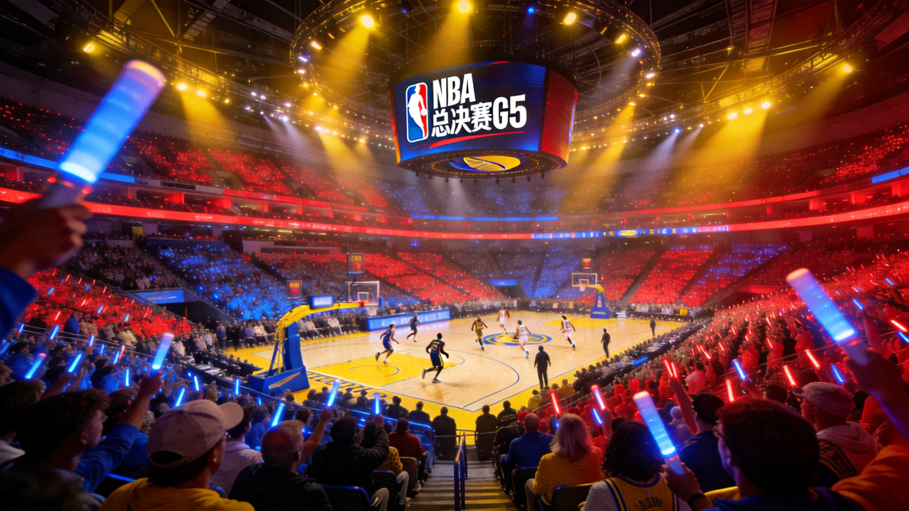 NBA总决赛焦点战巨幕直播画面，球场灯光与满座观众席全景